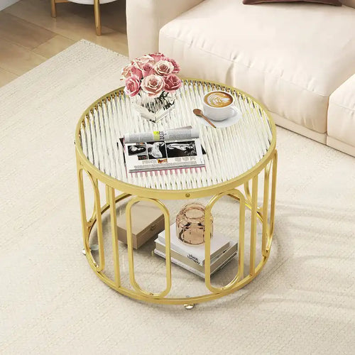 Table basse ronde à 2 niveaux de 24 pouces avec supports pivotants ovales et verre cannelé