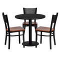 Flash Furniture 30'' Round Black Laminate Table Set with 3 Grid Back Metal Chairs - Cherry Wood Seat