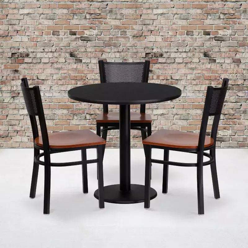 Flash Furniture 30'' Round Black Laminate Table Set with 3 Grid Back Metal Chairs - Cherry Wood Seat