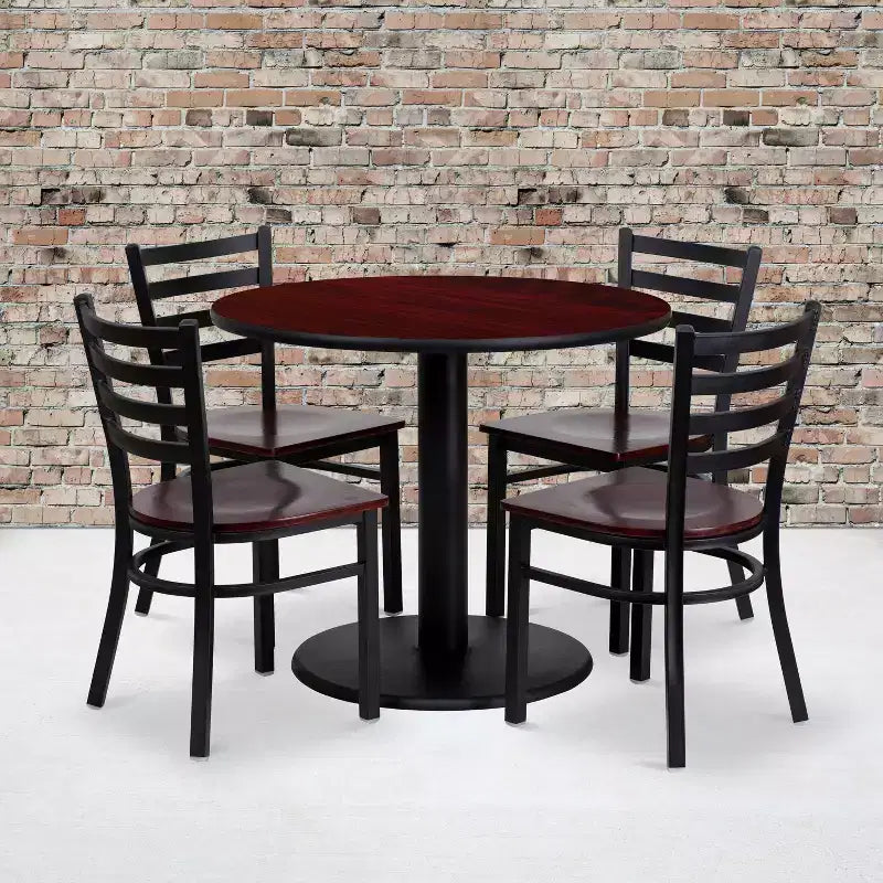 Emma and Oliver 36 Round Mahogany Laminate Table Set, 4 Ladder Back Metal Chairs