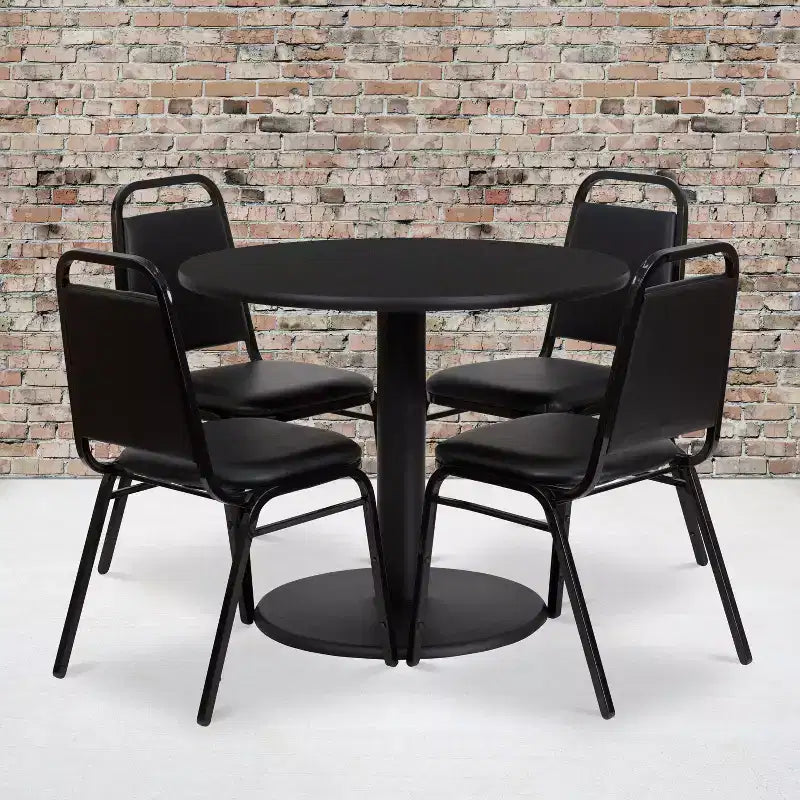 Emma and Oliver 36 Round Laminate Table Set with 4 Trapezoidal Banquet Chairs