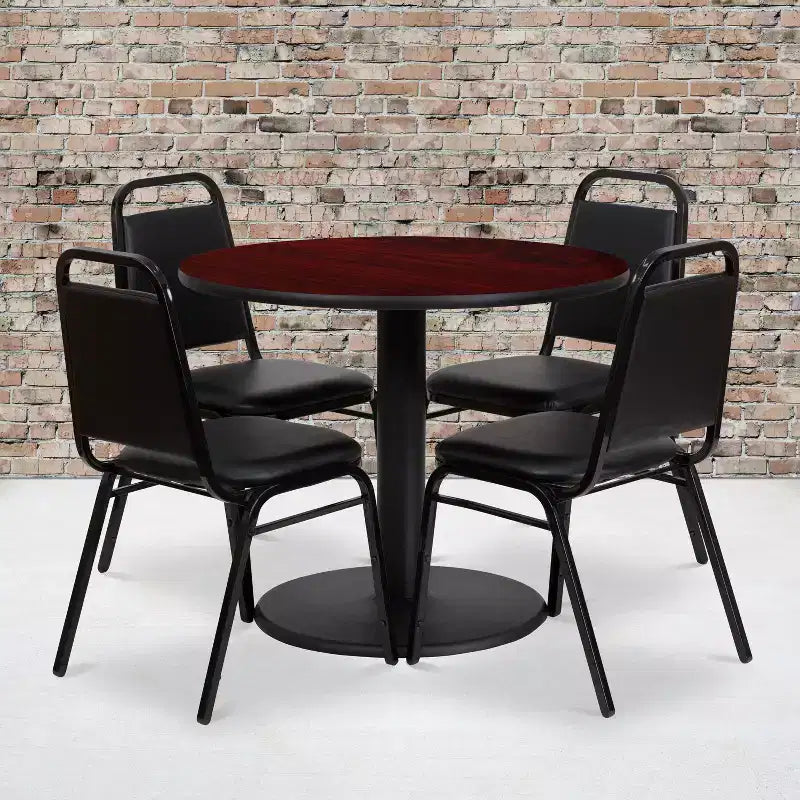 Emma and Oliver 36 Round Laminate Table Set with 4 Trapezoidal Banquet Chairs