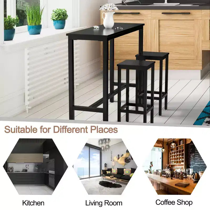 Costway 3 Pieces Bar Table Set Counter Height Breakfast Bar Dining Table w/Stools