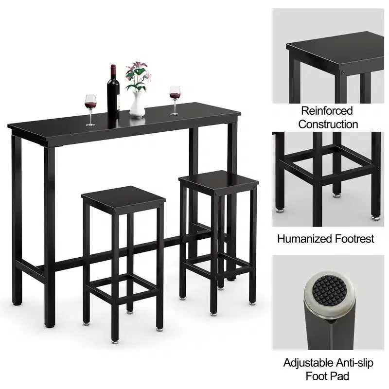 Costway 3 Pieces Bar Table Set Counter Height Breakfast Bar Dining Table w/Stools