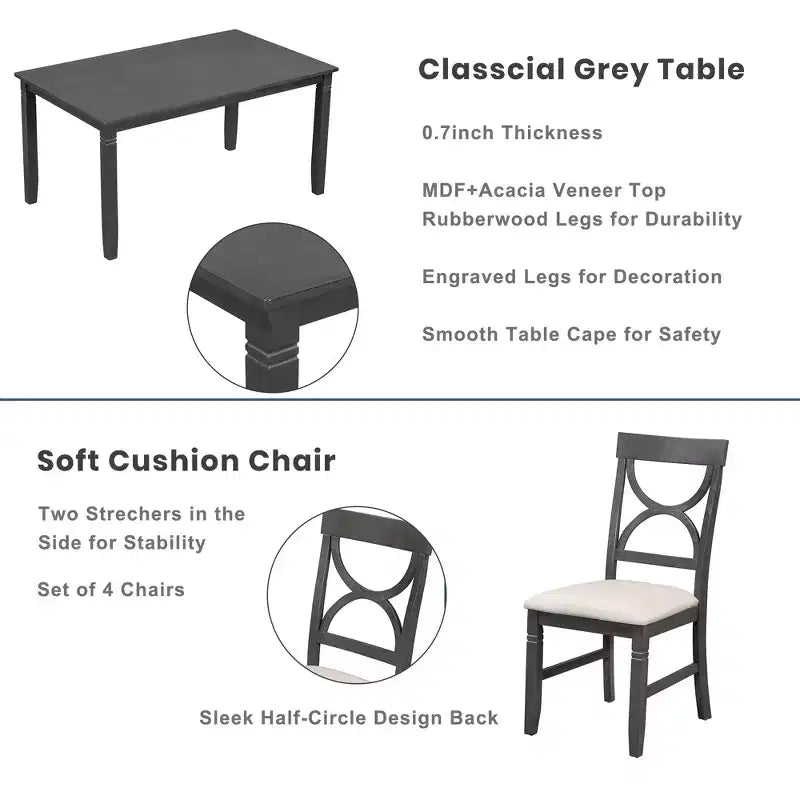 6 PCS Farmhouse Wood Dining Table Set with Table and Upholstered Chairs-ModernLuxe