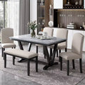 6 PSC Wood Dining Table Set, Rectangular Table with V-shaped Legs, 4 Upholstered Chairs and Bench, White-ModernLuxe