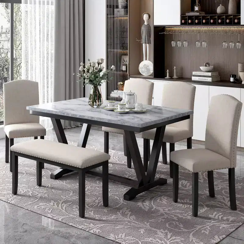 6 PSC Wood Dining Table Set, Rectangular Table with V-shaped Legs, 4 Upholstered Chairs and Bench, White-ModernLuxe