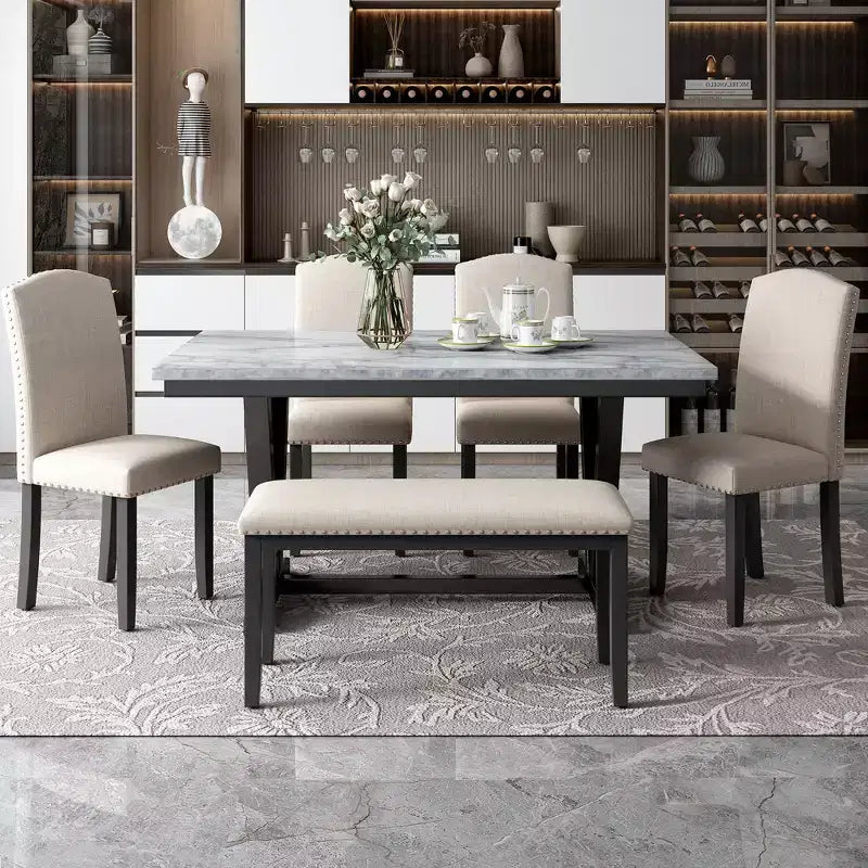 6 PSC Wood Dining Table Set, Rectangular Table with V-shaped Legs, 4 Upholstered Chairs and Bench, White-ModernLuxe