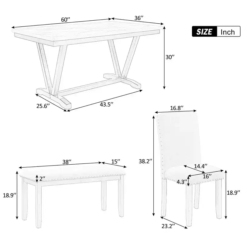 6 PSC Wood Dining Table Set, Rectangular Table with V-shaped Legs, 4 Upholstered Chairs and Bench, White-ModernLuxe
