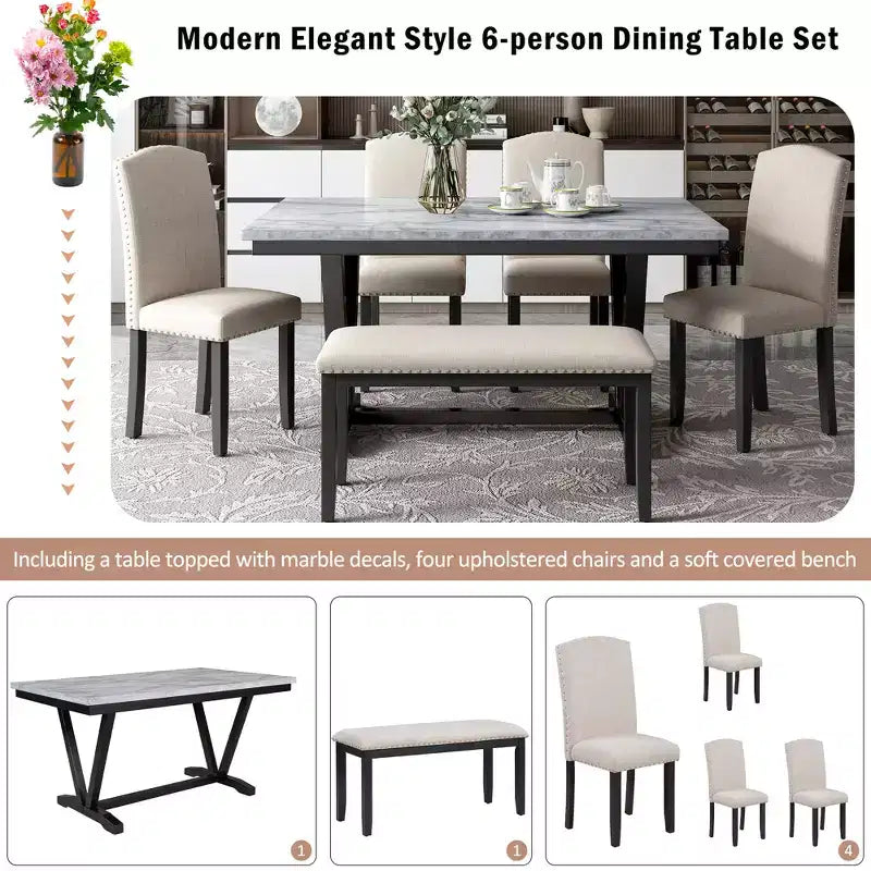6 PSC Wood Dining Table Set, Rectangular Table with V-shaped Legs, 4 Upholstered Chairs and Bench, White-ModernLuxe