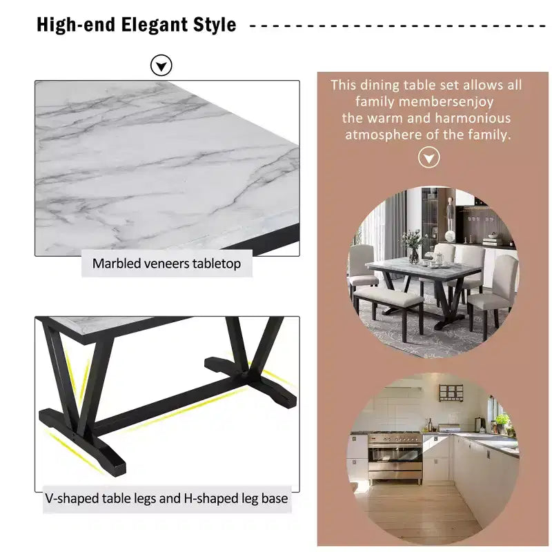 6 PSC Wood Dining Table Set, Rectangular Table with V-shaped Legs, 4 Upholstered Chairs and Bench, White-ModernLuxe