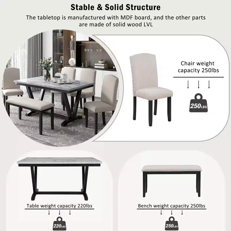 6 PSC Wood Dining Table Set, Rectangular Table with V-shaped Legs, 4 Upholstered Chairs and Bench, White-ModernLuxe