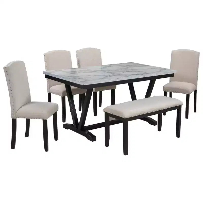 6 PSC Wood Dining Table Set, Rectangular Table with V-shaped Legs, 4 Upholstered Chairs and Bench, White-ModernLuxe