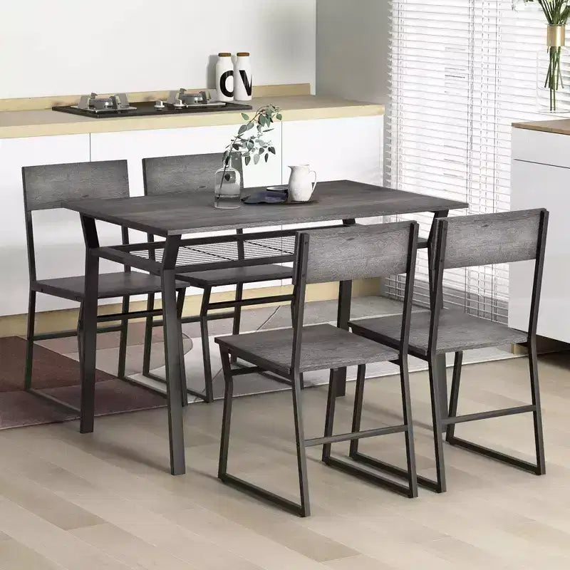 Costway 5 Piece Dining Table Set Industrial Rectangular Kitchen Table with 4 Chairs Grey/Brown