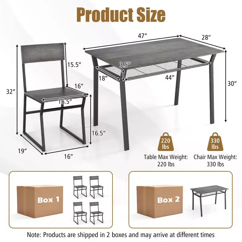 Costway 5 Piece Dining Table Set Industrial Rectangular Kitchen Table with 4 Chairs Grey/Brown