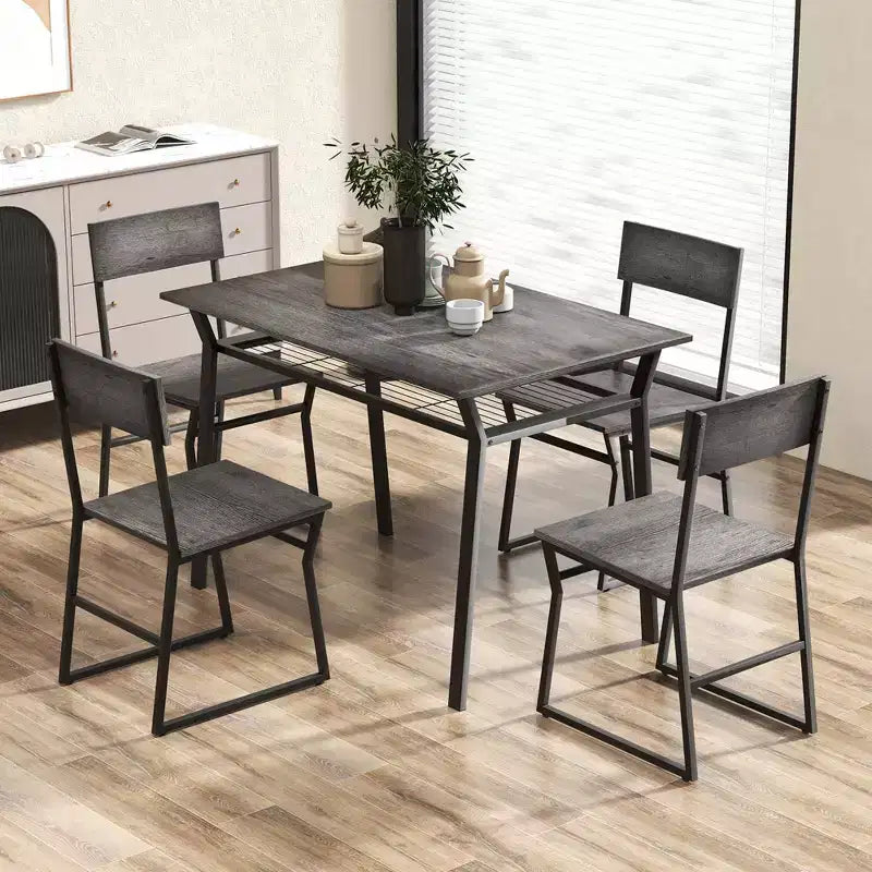 Costway 5 Piece Dining Table Set Industrial Rectangular Kitchen Table with 4 Chairs Grey/Brown
