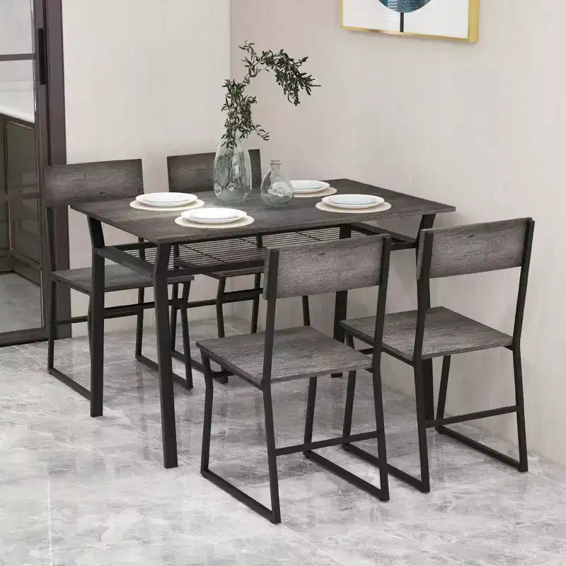 Costway 5 Piece Dining Table Set Industrial Rectangular Kitchen Table with 4 Chairs Grey/Brown