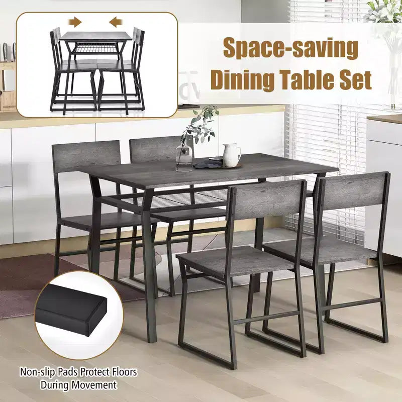 Costway 5 Piece Dining Table Set Industrial Rectangular Kitchen Table with 4 Chairs Grey/Brown