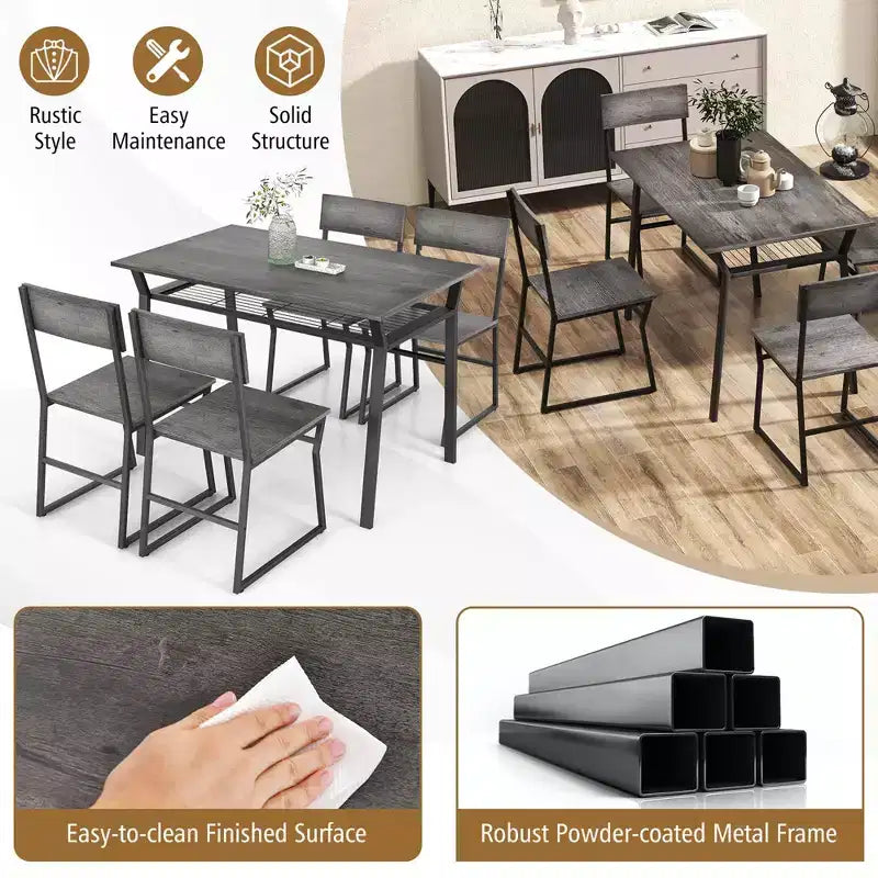 Costway 5 Piece Dining Table Set Industrial Rectangular Kitchen Table with 4 Chairs Grey/Brown