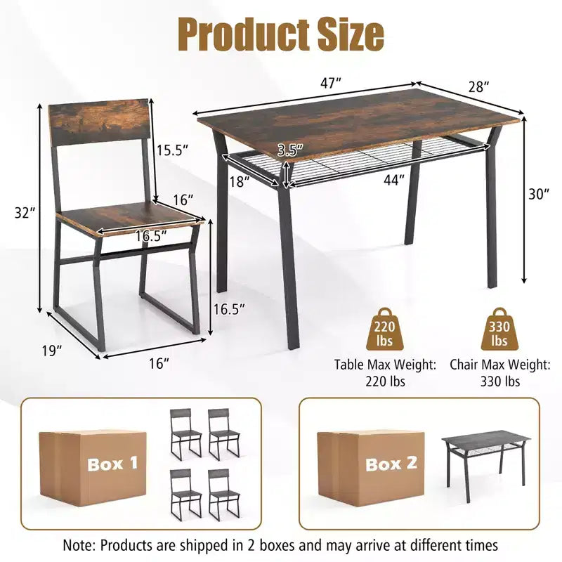 Costway 5 Piece Dining Table Set Industrial Rectangular Kitchen Table with 4 Chairs Grey/Brown