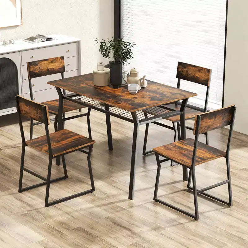 Costway 5 Piece Dining Table Set Industrial Rectangular Kitchen Table with 4 Chairs Grey/Brown