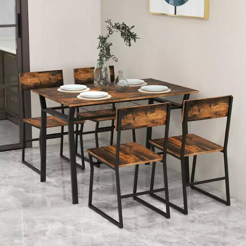 Costway 5 Piece Dining Table Set Industrial Rectangular Kitchen Table with 4 Chairs Grey/Brown