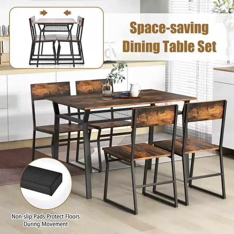 Costway 5 Piece Dining Table Set Industrial Rectangular Kitchen Table with 4 Chairs Grey/Brown