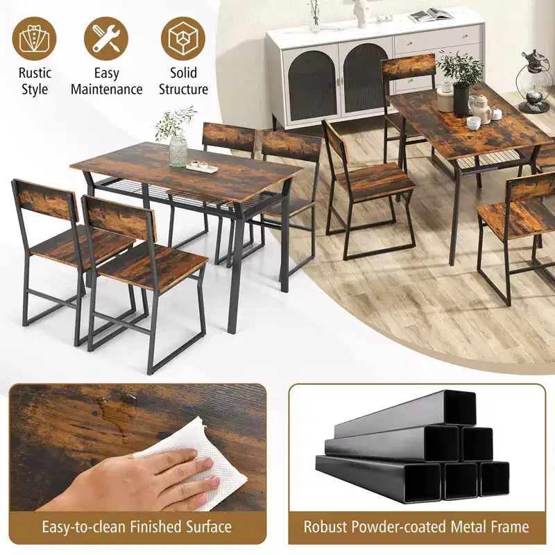 Costway 5 Piece Dining Table Set Industrial Rectangular Kitchen Table with 4 Chairs Grey/Brown
