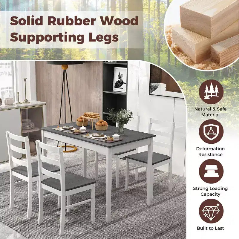 Costway 5-Piece Dining Set Solid Wood Kitchen Furniture with Rectangular Table & 4 Chairs Natural/Coffee/Grey