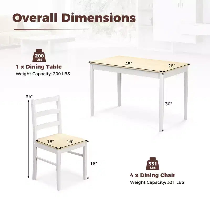 Costway 5-Piece Dining Set Solid Wood Kitchen Furniture with Rectangular Table & 4 Chairs Natural/Coffee/Grey