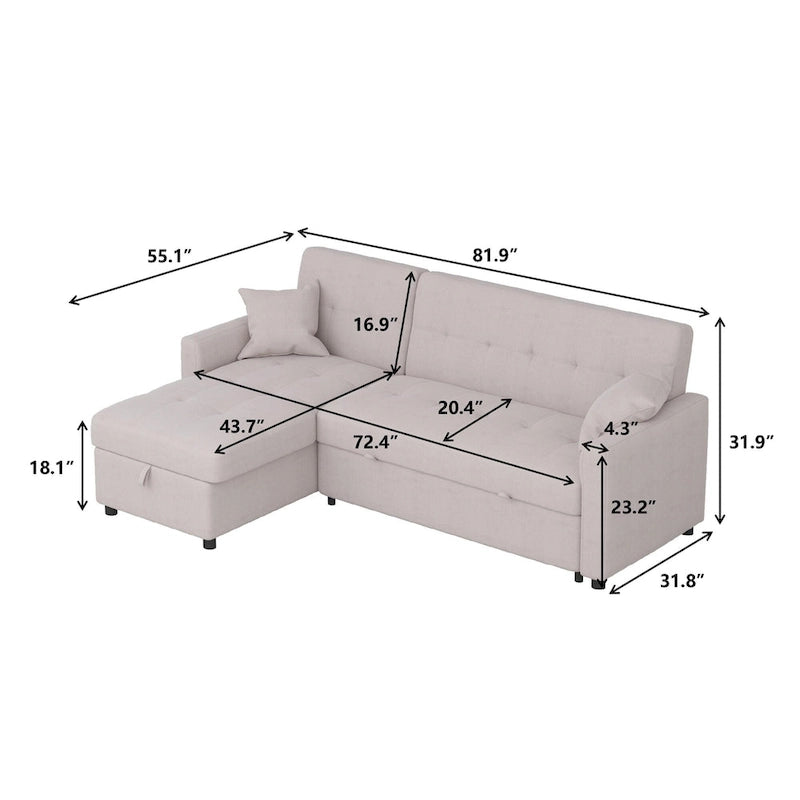 Canapé sectionnel réversible en forme de L à 3 places avec rangement et couchage