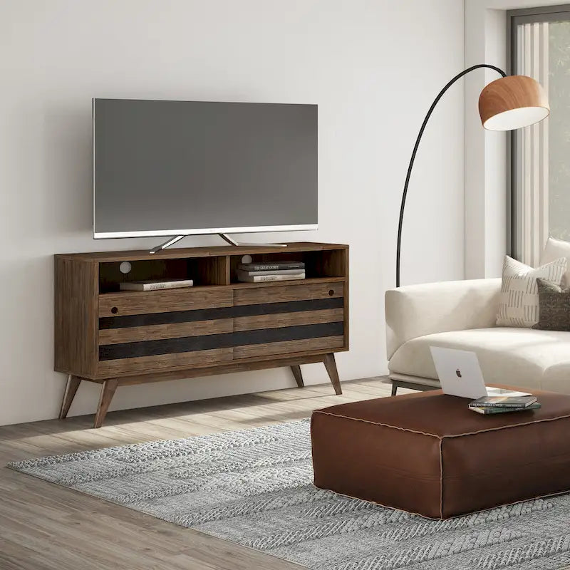 Wyndenhall Wright SOLID ACACIA WOOD 54 inch Wide Mid Century Design TV Media Stand in Rustic Natural Aged Brown