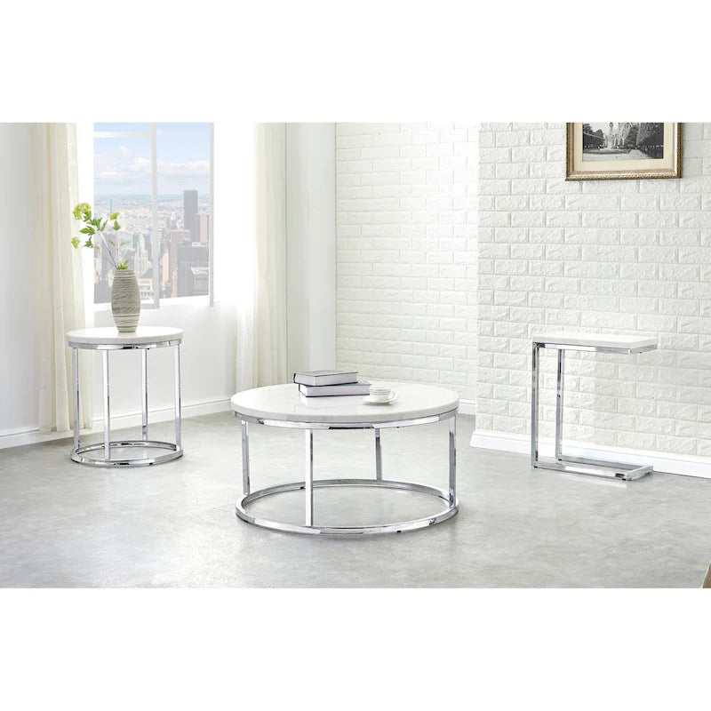 Table d'appoint ronde en marbre blanc avec base chromée