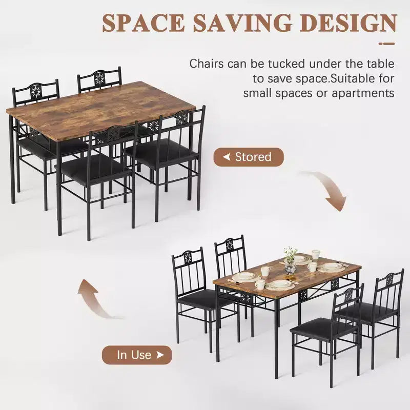 VECELO Dining Room Wooden Kitchen Table and Pu Cushion Chair Sets for Small Space, Retro Brown