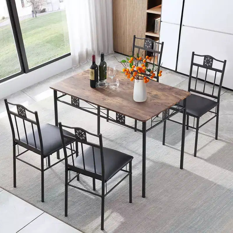 VECELO Dining Room Wooden Kitchen Table and Pu Cushion Chair Sets for Small Space, Retro Brown