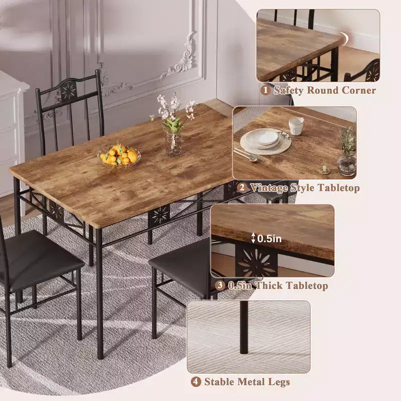 VECELO Dining Room Wooden Kitchen Table and Pu Cushion Chair Sets for Small Space, Retro Brown