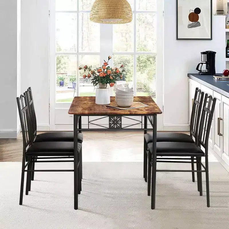VECELO Dining Room Wooden Kitchen Table and Pu Cushion Chair Sets for Small Space, Retro Brown