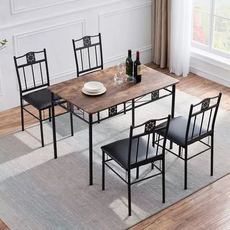 VECELO Dining Room Wooden Kitchen Table and Pu Cushion Chair Sets for Small Space, Retro Brown