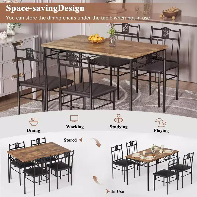 VECELO Dining Room Wooden Kitchen Table and Pu Cushion Chair Sets for Small Space, Retro Brown