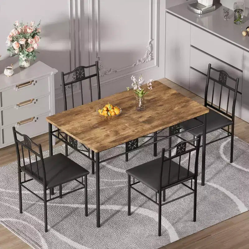 VECELO Dining Room Wooden Kitchen Table and Pu Cushion Chair Sets for Small Space, Retro Brown