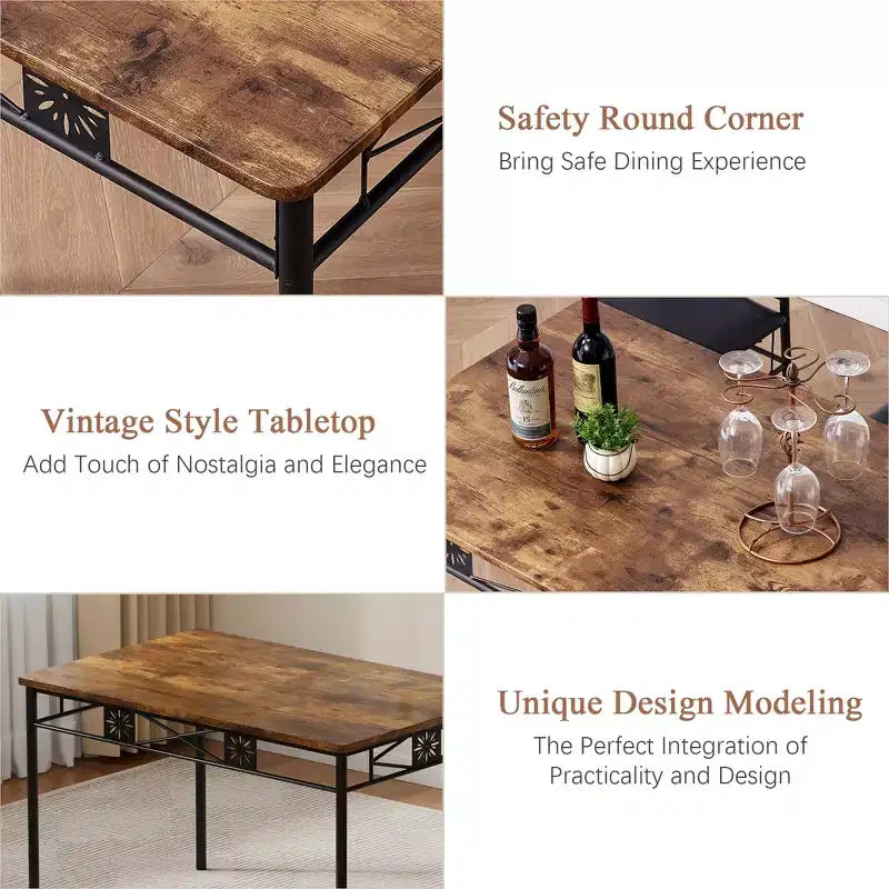 VECELO Dining Room Wooden Kitchen Table and Pu Cushion Chair Sets for Small Space, Retro Brown