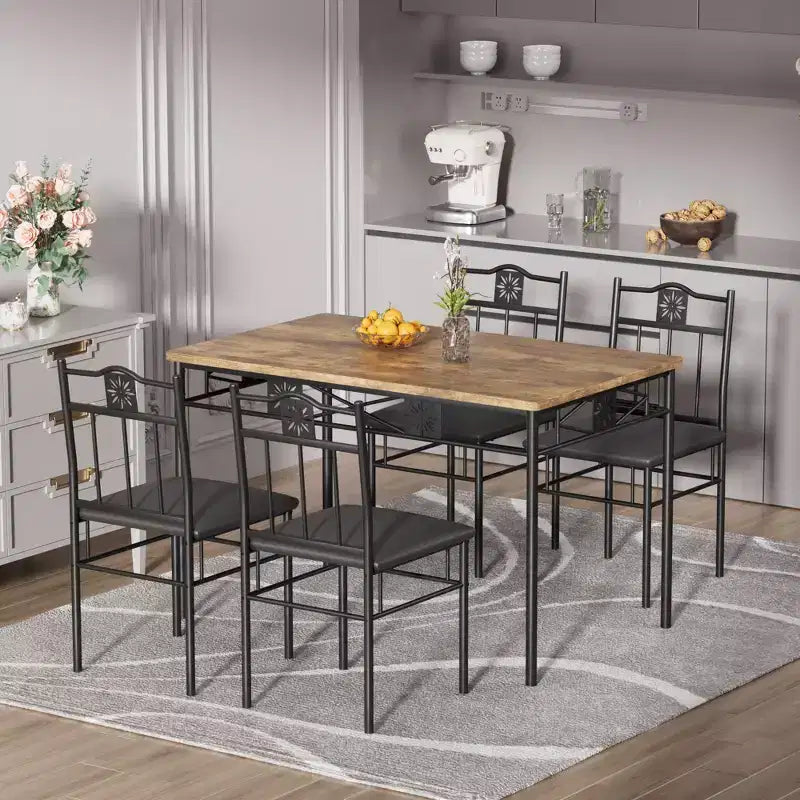 VECELO Dining Room Wooden Kitchen Table and Pu Cushion Chair Sets for Small Space, Retro Brown