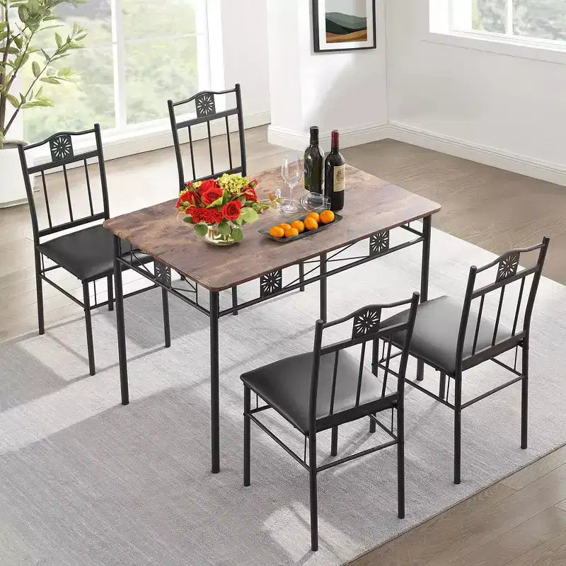 VECELO Dining Room Wooden Kitchen Table and Pu Cushion Chair Sets for Small Space, Retro Brown