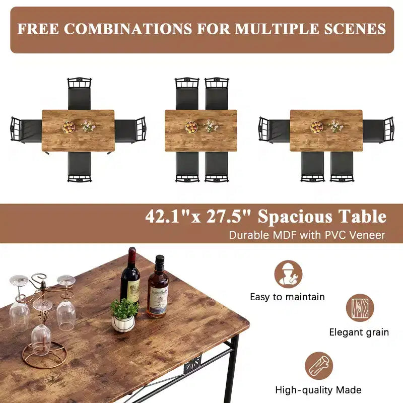 VECELO Dining Room Wooden Kitchen Table and Pu Cushion Chair Sets for Small Space, Retro Brown