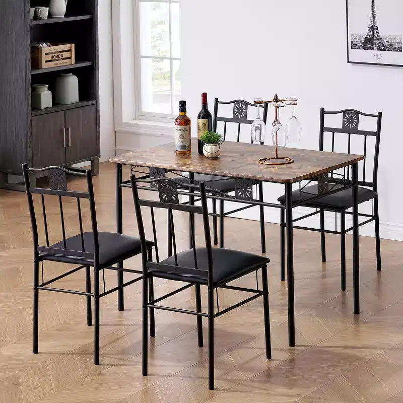 VECELO Dining Room Wooden Kitchen Table and Pu Cushion Chair Sets for Small Space, Retro Brown