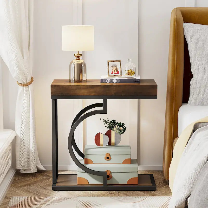 Table d'appoint étroite en forme de C, marbre synthétique blanc et or