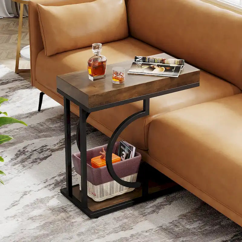 Table d'appoint étroite en forme de C, marbre synthétique blanc et or