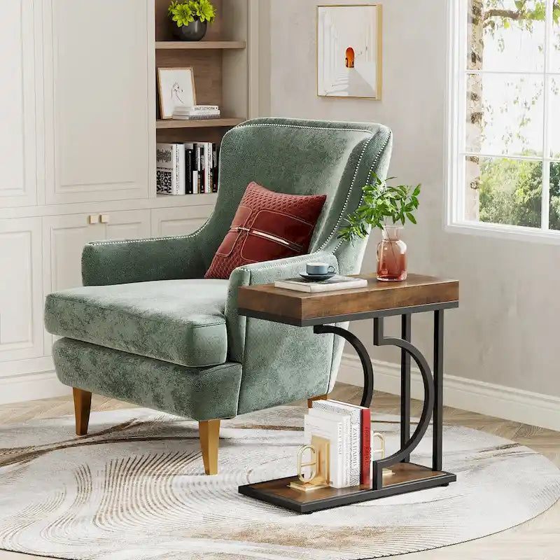 Table d'appoint étroite en forme de C, marbre synthétique blanc et or