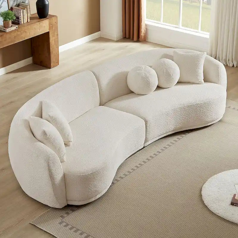 Canapé d'angle incurvé profond, tissu bouclé avec 5 coussins décoratifs