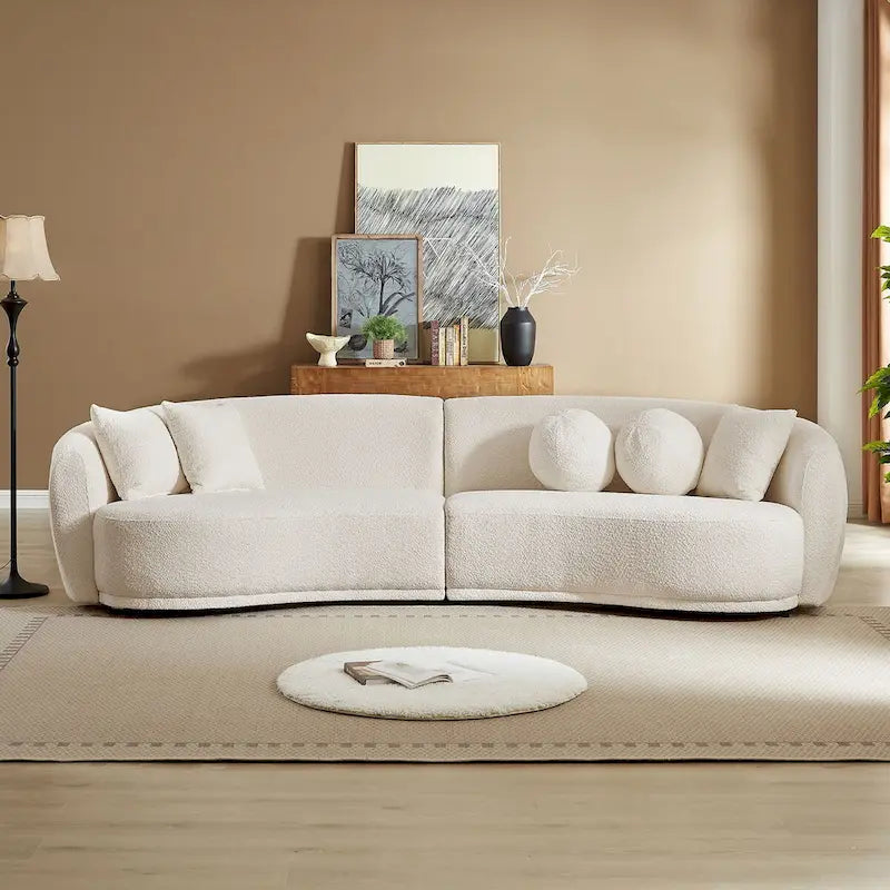Canapé d'angle incurvé profond, tissu bouclé avec 5 coussins décoratifs